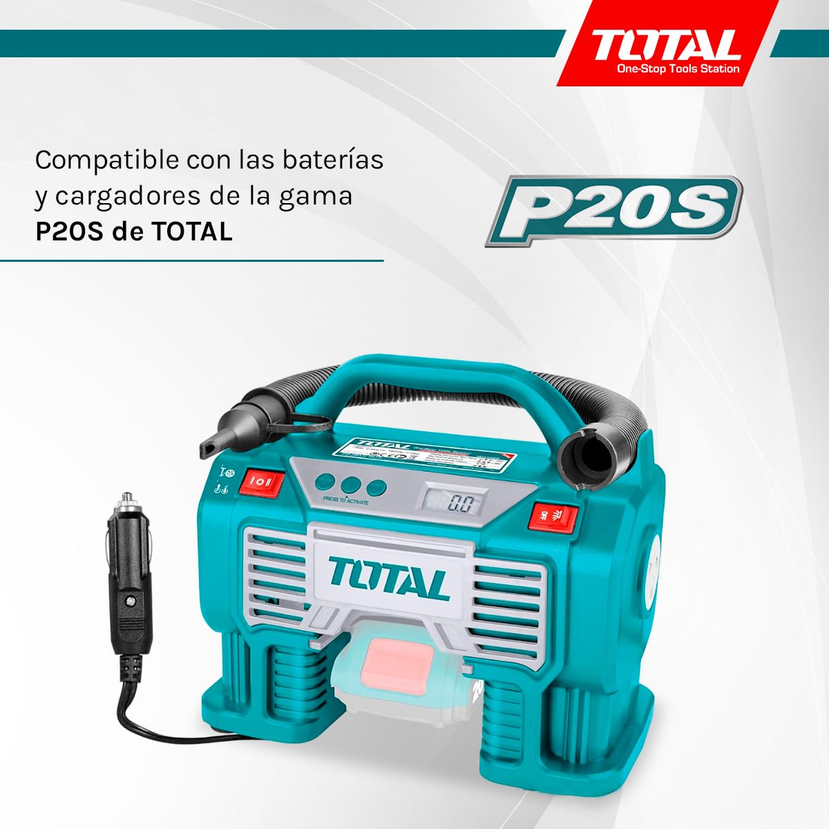 TOTAL - Compresor Híbrido a Batería P20S de 20 V - Bomba de Aire Eléctrica para Inflar Balones, Colchones y Neumáticos - Cargador de 12 V para Coche - Incluye Adaptadores