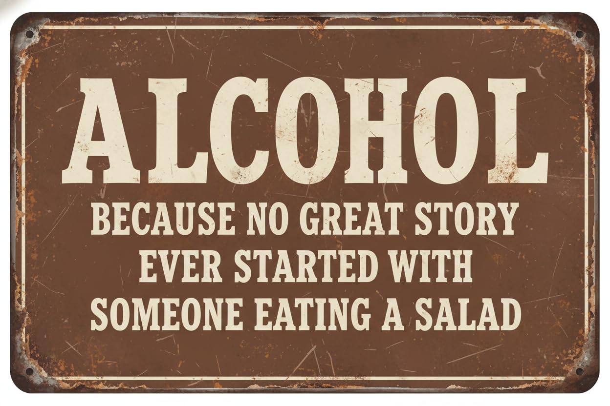 Metal Tin Sign Alcohol, Because No Great Story Ever Started With Someone Eating A Salad Vintage Retro Sign Poster Bar Style Novelty Wall Art8x12Inch Signs Aluminum Plates Printed