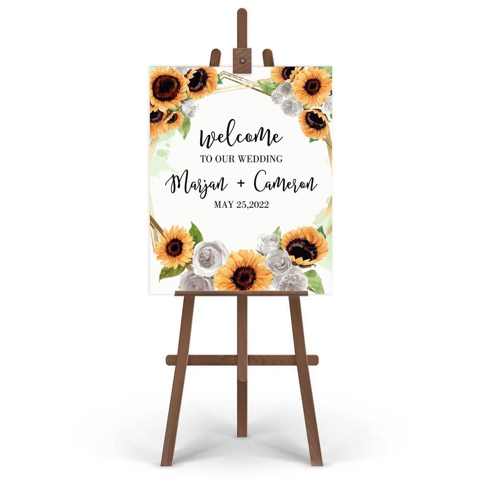 Słoneczniki i róże ślub znak powitalny spersonalizowany znak powitalny do druku wykonany na zamówienie dowolne imię ceremonia ślubna znak tablica znaki imprezowe 45 cm x 61 cm