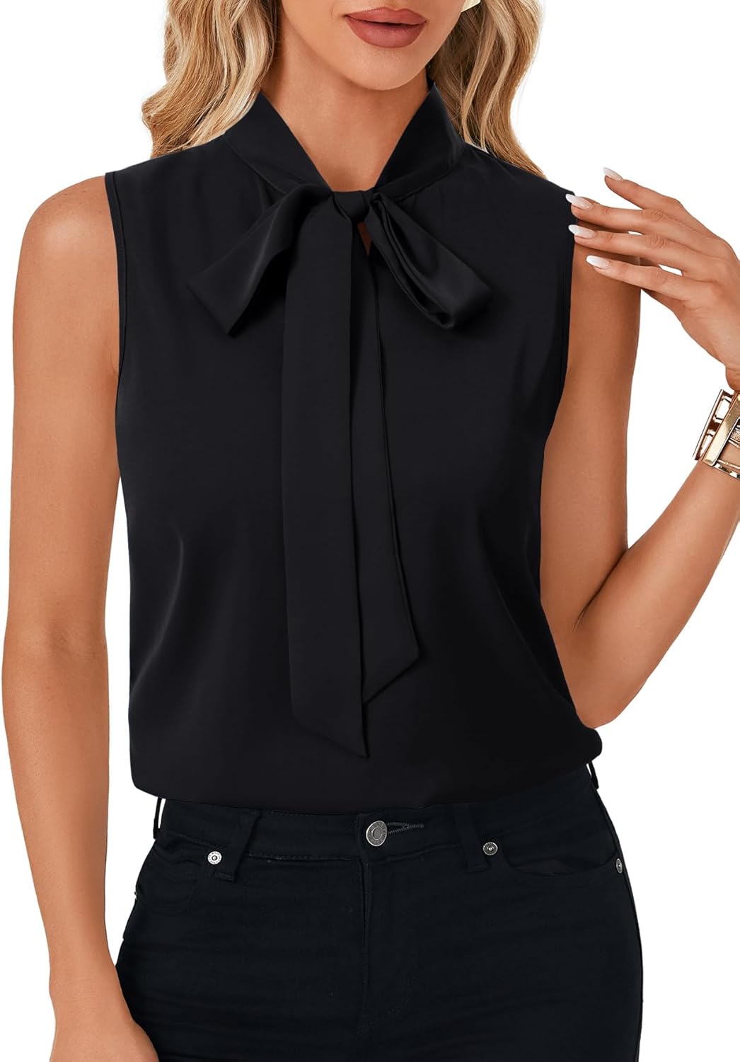LYANER Women's Elegant Bow Tie Mock Neck Sleeveless Blouse Office Workwear Shirt Top - Image 3