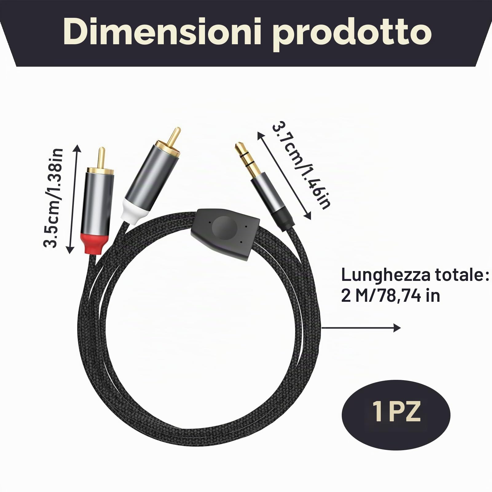Riduzione Rca Jack Cavo Audio 3.5mm A RCA - 22 Cm, Connettori Oro, Per