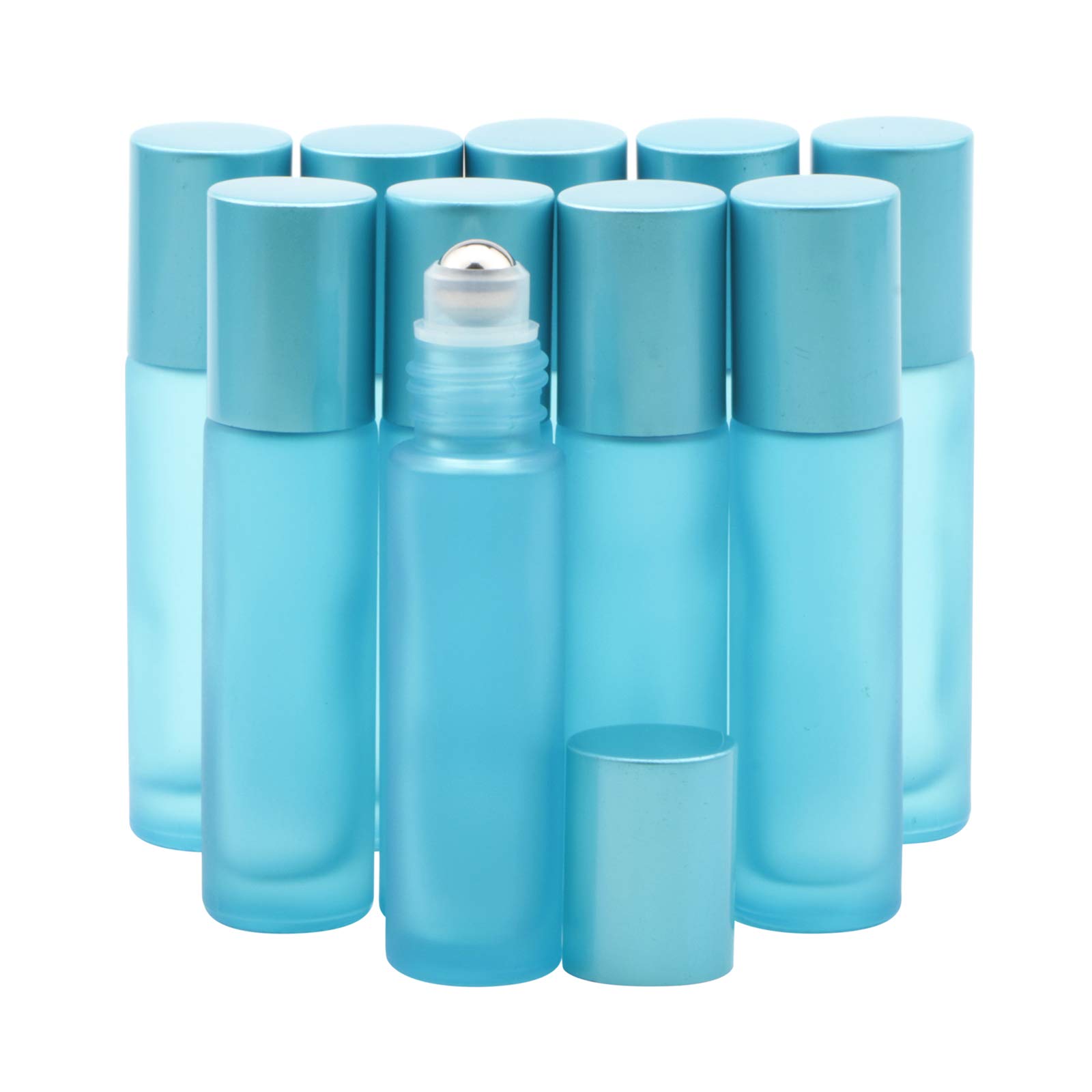 Rowiz Cyan Blue 10Pcs 10Ml Frosted Glass Bottle Leakproof Glass Bottle Essential Oil Roller Bottles Set With Stainless Steel Balls And Anodized Aluminum Screwcap For Perfume & Aromatherapy Oils