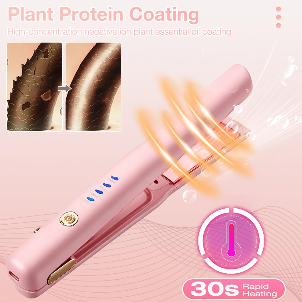 2 In 1 Mini Glätteisen Kabellos und Lockenstab, Hair Straightener, 4 Temperaturen, Wiederaufladbare Glätte, Mini Haarglätter für Langes, Kurze Haare, Glätten, Wellen, Locken Nach Innen (Rosa)