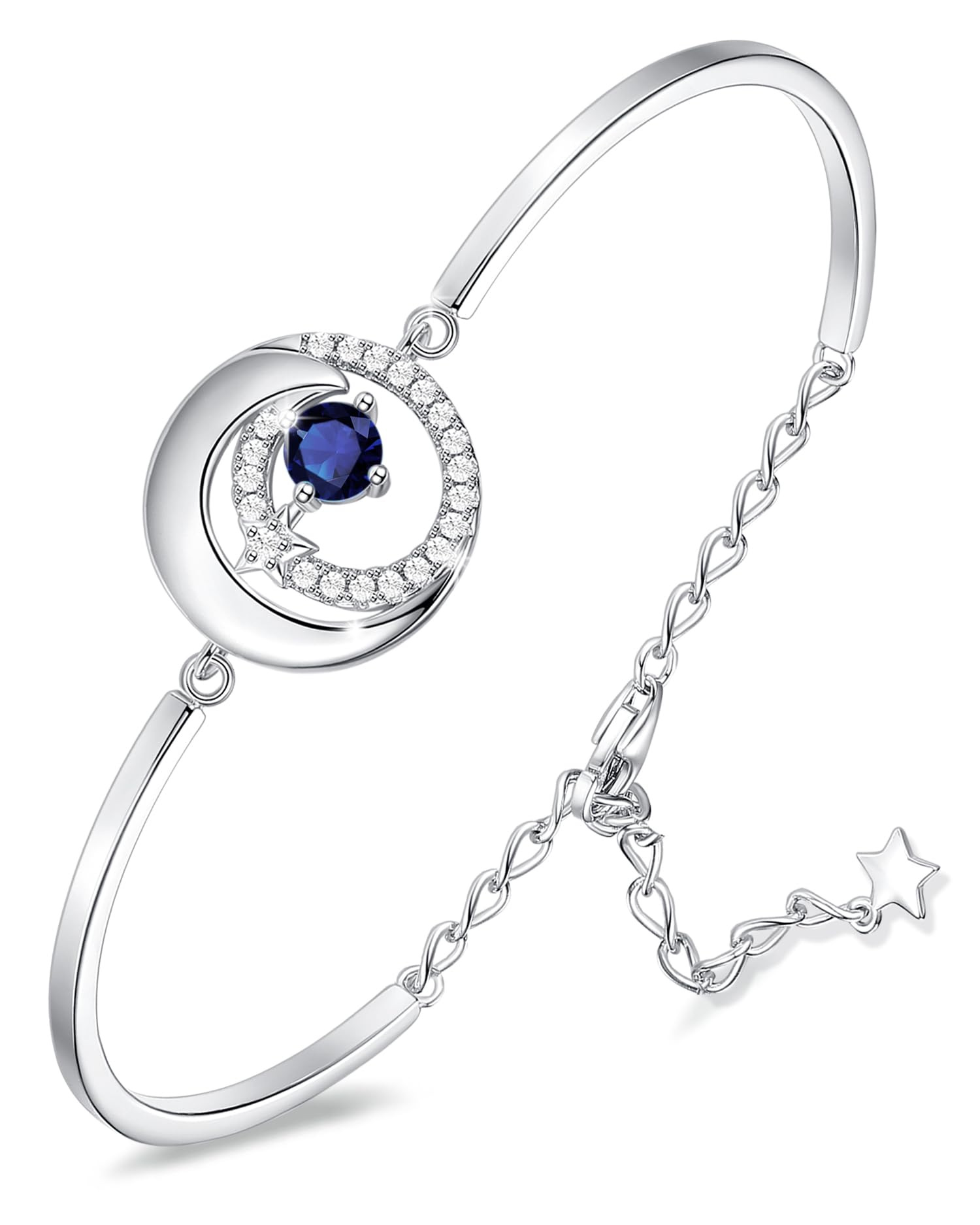 FANCIME Birthstone Bracelet 925 Sterling Silver Moon and Star Bangle