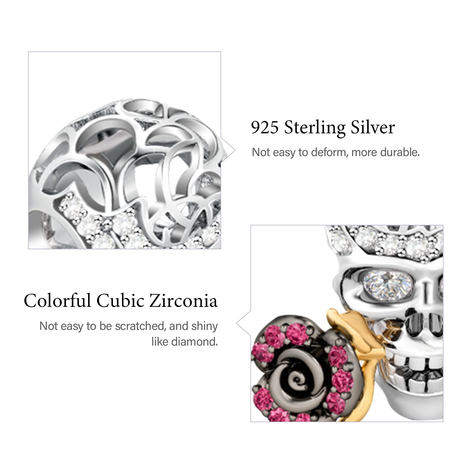 GNOCE - Ciondolo a forma di teschio, in argento Sterling 925, con rosa, adatto per braccialetti e collane