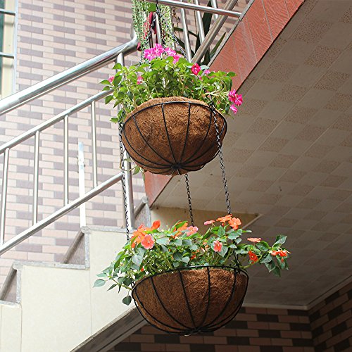 Mecai Metal Hanging Planter Basket Coco Coir Liner With Black Chain Garden Decoration Indoor Outdoor Flower Pots Set Of 2-12 Inch #TOP2