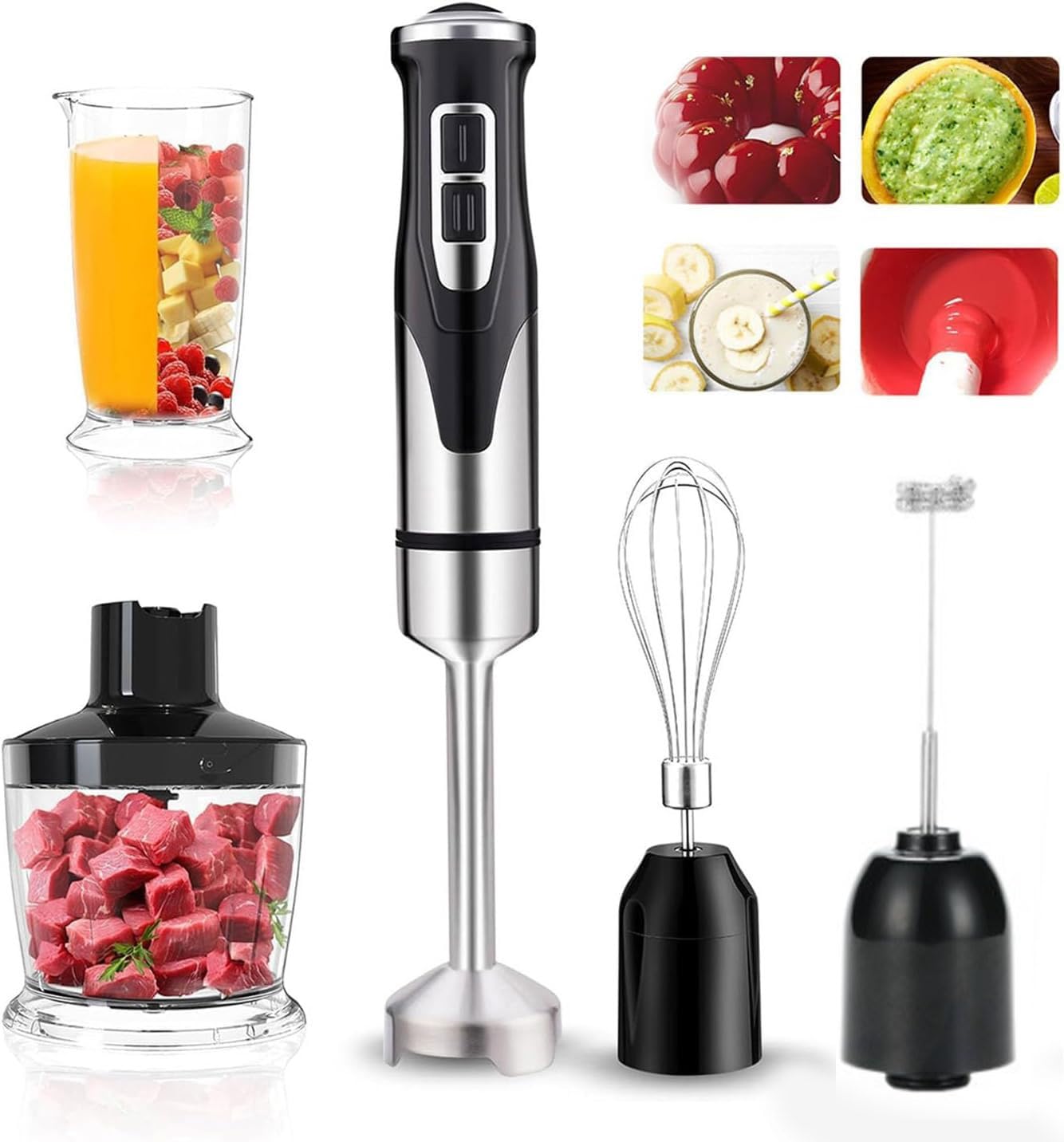 Frullatore a immersione elettrico 5 in 1 con tritatutto, frusta, misurino da 600 ml e montalatte per zuppe, alimenti per bambini, frullati