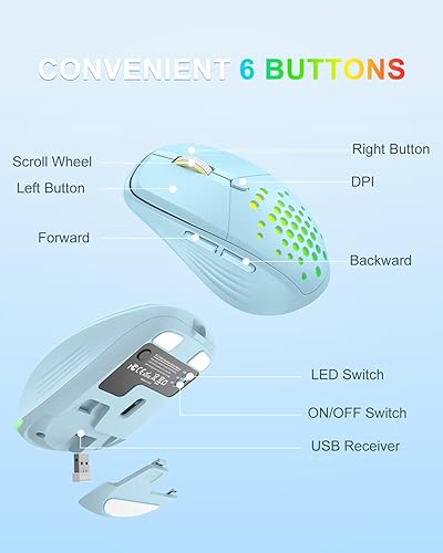 Miniatura 6 de UHURU Mouse inalámbrico para laptop, mouse LED recargable de 2.4G, ratones de computadora pequeños con clic silencioso, 3 DPI ajustables, 6 botones,