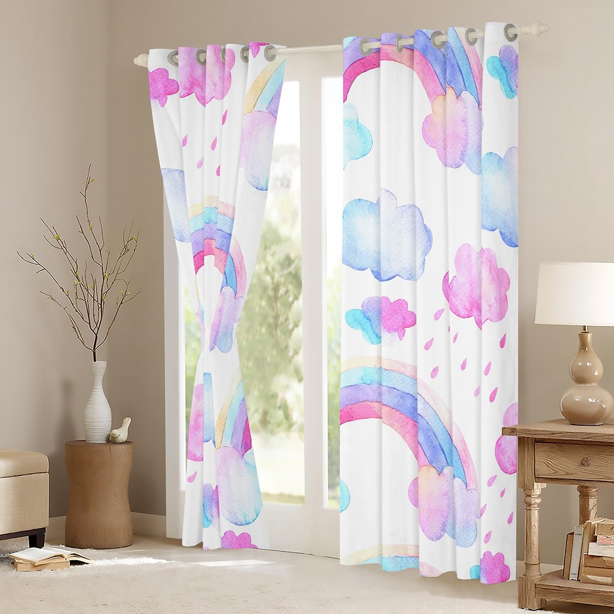 Manfei Rainbow Blackout Curtain Watercolor Rainbow Clouds Rain Window Treatments - Image 3