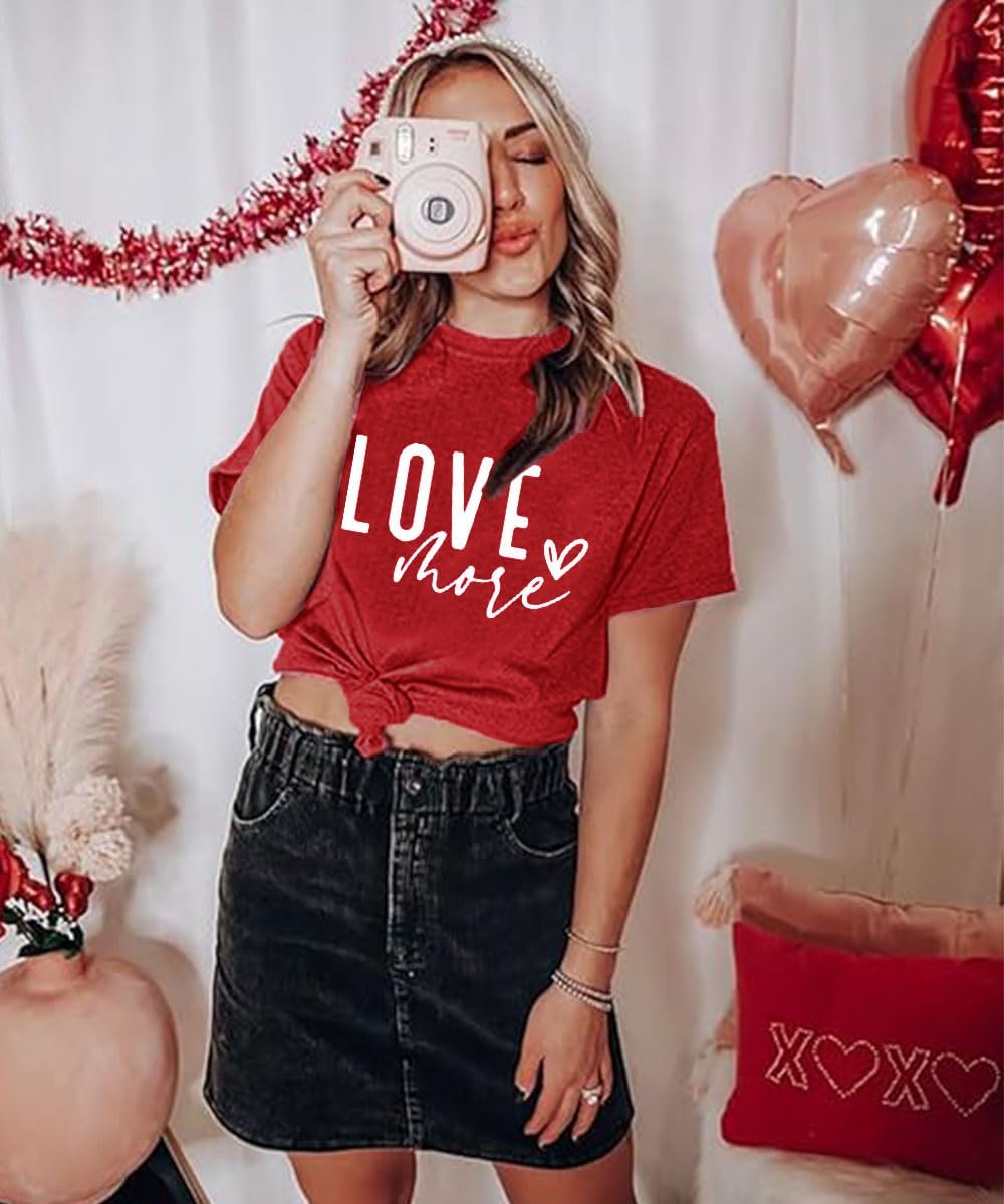 Women's Shirts Love More Letter Print T Shirt Cute Love Heart Graphic Print Tops Basic Summer Casual Short Sleeve Tee - Image 6