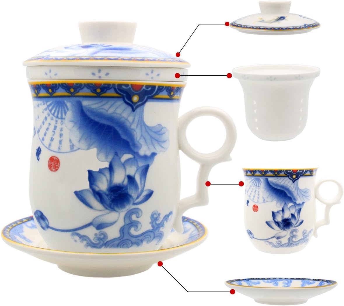 Porcelain Tea Cup with Infuser Lid and Saucer Sets - Chinese Jingdezhen Ceramics Coffee Mug Teacup Loose Leaf Tea Brewing System for Home Office