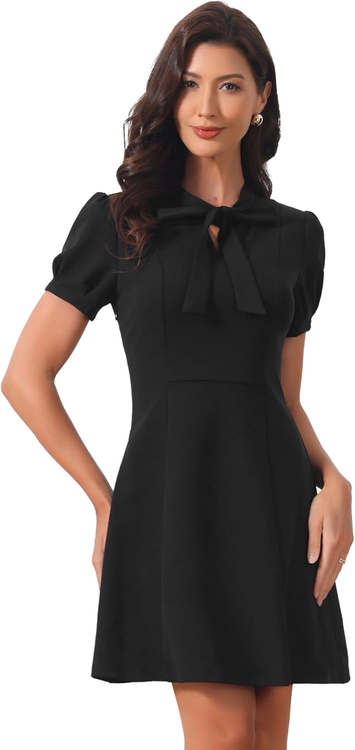 Allegra K Work Dresses for Women's Tie Neck Puff Short Sleeve Business Office Short Dress
