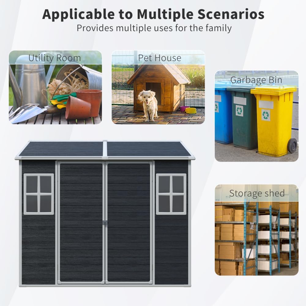 Durable Resin Outdoor Storage Shed with Built-in Floor, Ventilated Windows, Secure Locking Door, Ideal for Garden, Patio and Backyard Use (Black + Polypropylene)