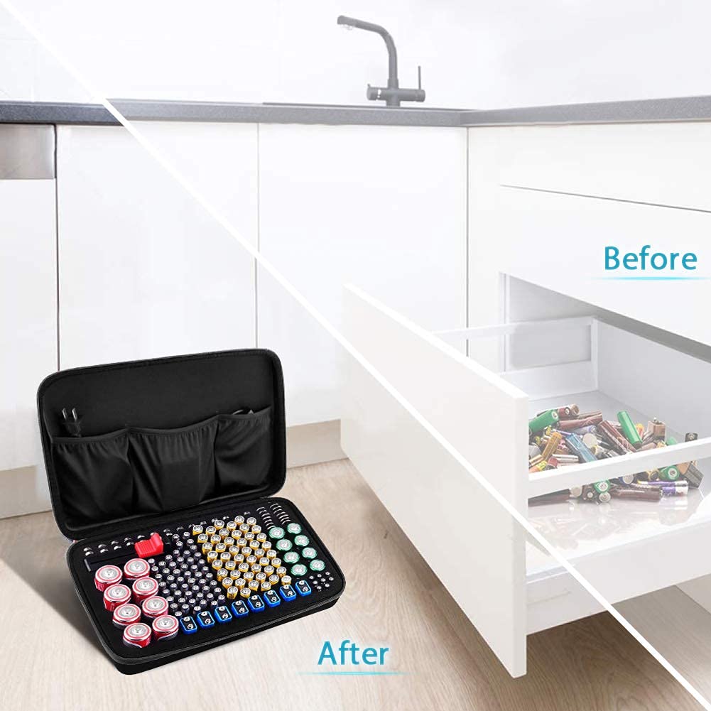 ShellKingdom Battery Organizer Storage Case with Tester, Battery Vault Case Hard Fireproof Waterproof Holder Box, Battery Organizer Holds 161 Batteries for AAA AA 9V C and D Size (Battery Bag)