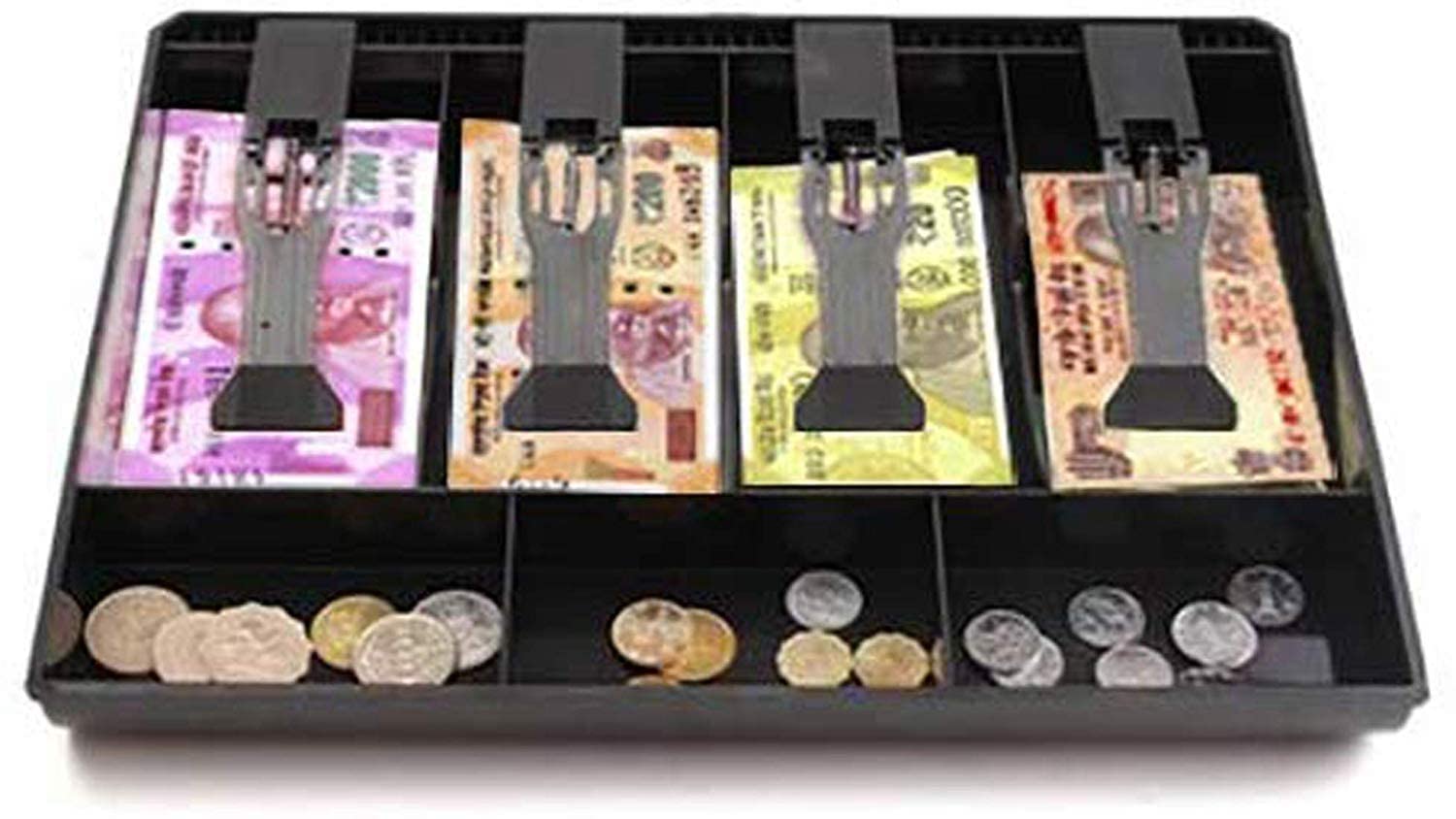 keskriva ABS Plastic Cash Drawer Organizer Tray, Cashier Drawer Box with Coin Slot, Bill Counter Cash Box with 5 Bills 4 Coins for Petty Cash Money Storage Box (1 Pcs) 4