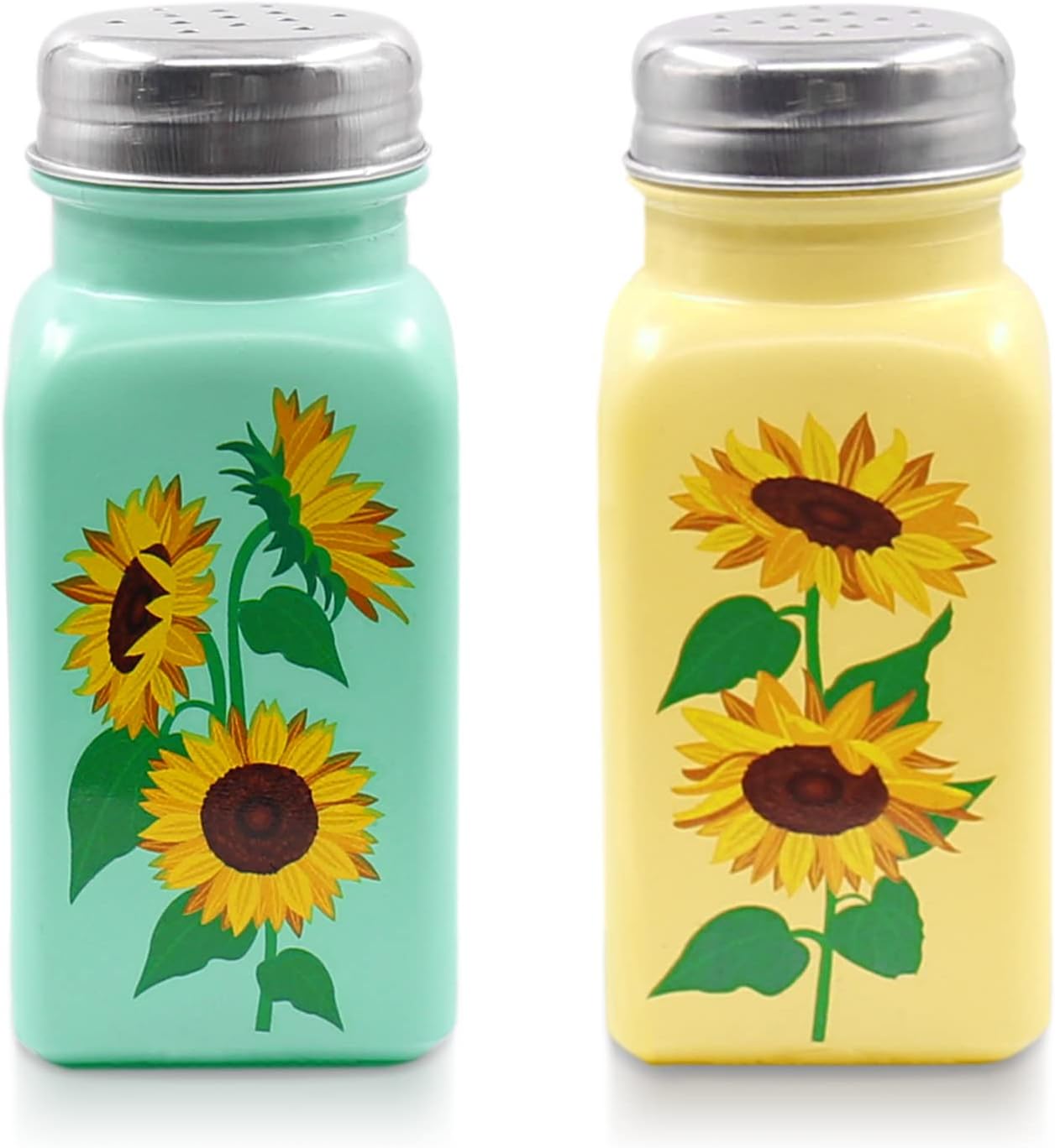 Sunflower Salt and Pepper Shakers Set Farmhouse Cute Modern Farmhouse Kitchen Decor for Home Restaurants Wedding Gorgeous Vintage Yellow Turquoise Glass Shakers with Stainless Steel Lids Gift Ideas