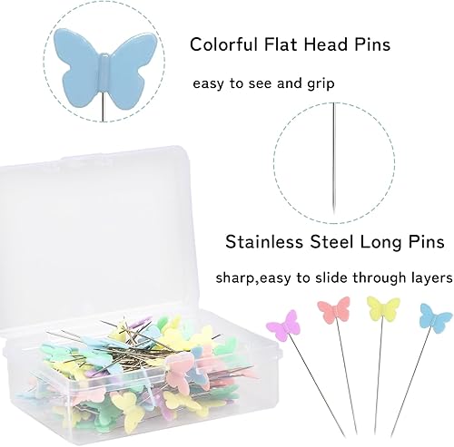 Miniatura 3 de 200 alfileres de costura de cabeza plana, alfileres rectos multicolor, alfileres largos para coser cabezas de mariposa, alfileres decorativos con