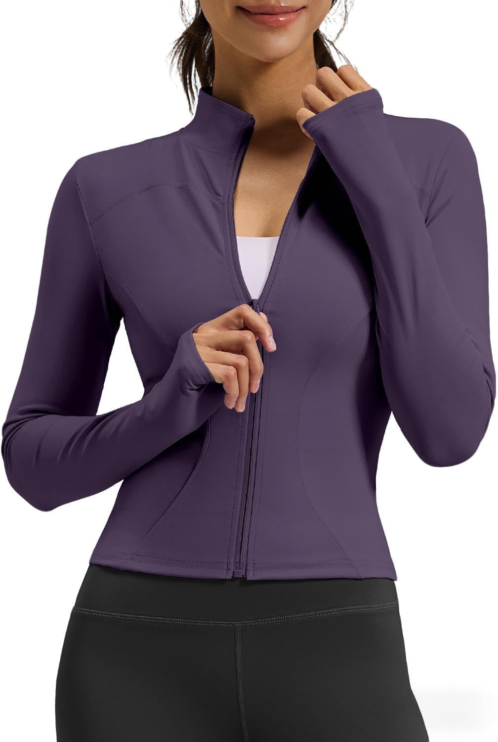 Women's Slim Fit Full Zip Fleece Jacket with Thumbholes, Lightweight Running Track Sportswear for Outdoor Training