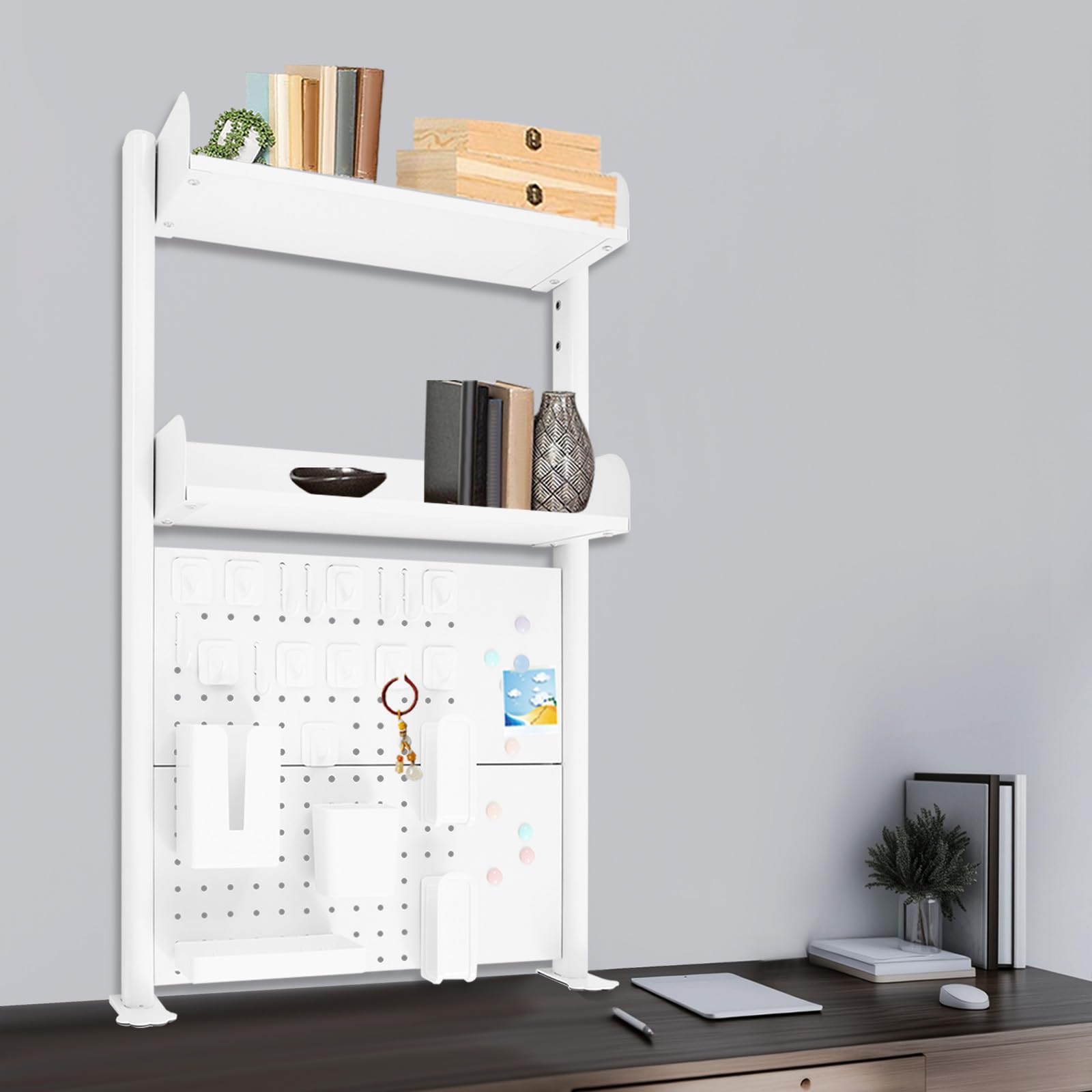 Klemmbare Schreibtisch Organizer Clip-on-Schreibtischregal, 2-Ebenen Büro Computer Schreibtisch Zubehör Organizer, 7.5kg Tragfähigkeit pro Ebene für Büro und Zuhause (Weiß, 60 * 95cm)
