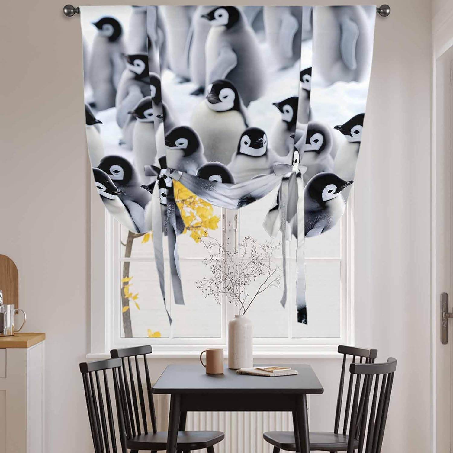 Grey Penguins Tie Up Curtains for Window, Winter Animals Vintage Gray Thermal Insulated Balloon Shade Adjustable Rod Pocket Curtains Valance Panels for Kitchen Bathroom Café 42'' x 54''