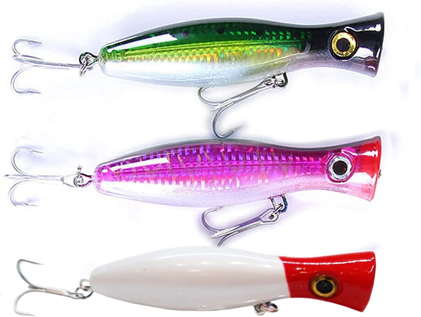 Pack of 3 Large Top Water Poppers 4.75 in/ 1.5 Oz Artificial Seal Lure 3D Eyes with Hooks and Ring for Saltwater Offshore, Surf Fishing Striped Bass, Bluefish