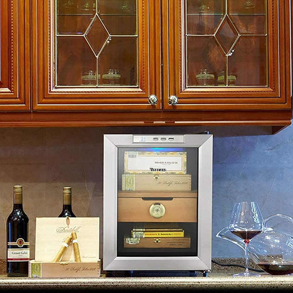 BAtlam Zigarrenschrank Freistehender Zigarrenkühler Kleiner Mini-Schwarzer Zigarrenhumidor Frontglastür Theke leiser Betrieb Kompressor Temperatur einstellen