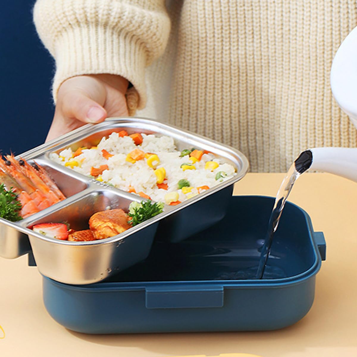 Fiambrera térmica Bento Box de 1100 ml con tapa antiflujo, doble capa, portátil, resistente al óxido, de acero inoxidable 304 (azul y amarillo)