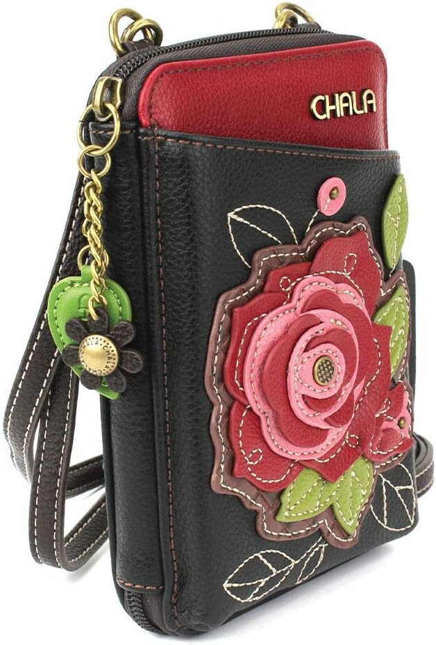 Chala Group Chala Handbags Red Rose Wallet Crossbody Handbag, Convertable Strap, 5.25 inchw x 7.5 inchh x 1.5 inchd, Burgundy