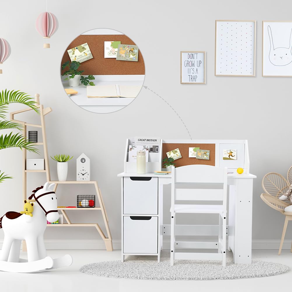 Ensemble Bureau Enfant + Chaise en Bois – Table d’étude avec étagère, placards de Rangement et Tableau d’Affichage – pour écriture & devoirs, 3-8 Ans – Blanc