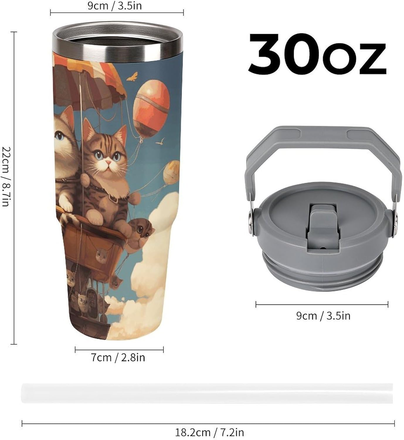 30oz Insulated Tumblers with Top Handle, Stainless Steel Cat And Hot Air Balloon Car Cup with Straw for Gift, Leak-Proof Double Wall Vacuum Travel Mug, Personalized Water Bottles White