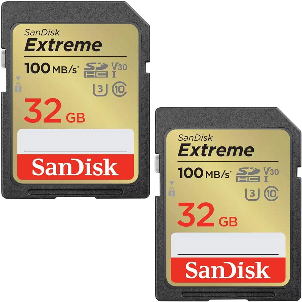 SanDisk 32GB Extreme SDHC cards (2-pack) + RescuePRO Deluxe, up to 100MB/s, UHS-I, Class 10, U3, V30, No color, 32 GB (2-Pack)
