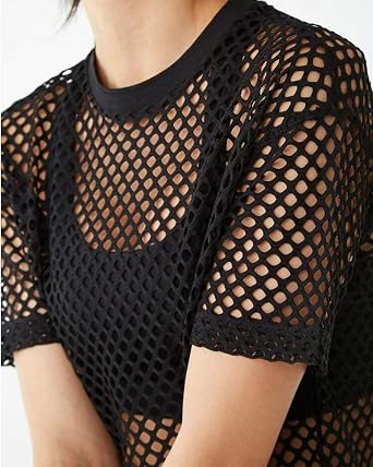 See Through Fishnet T-Shirt Crop Top & V Neck Cropped Tank Tops Halter Tops (Medium Size)