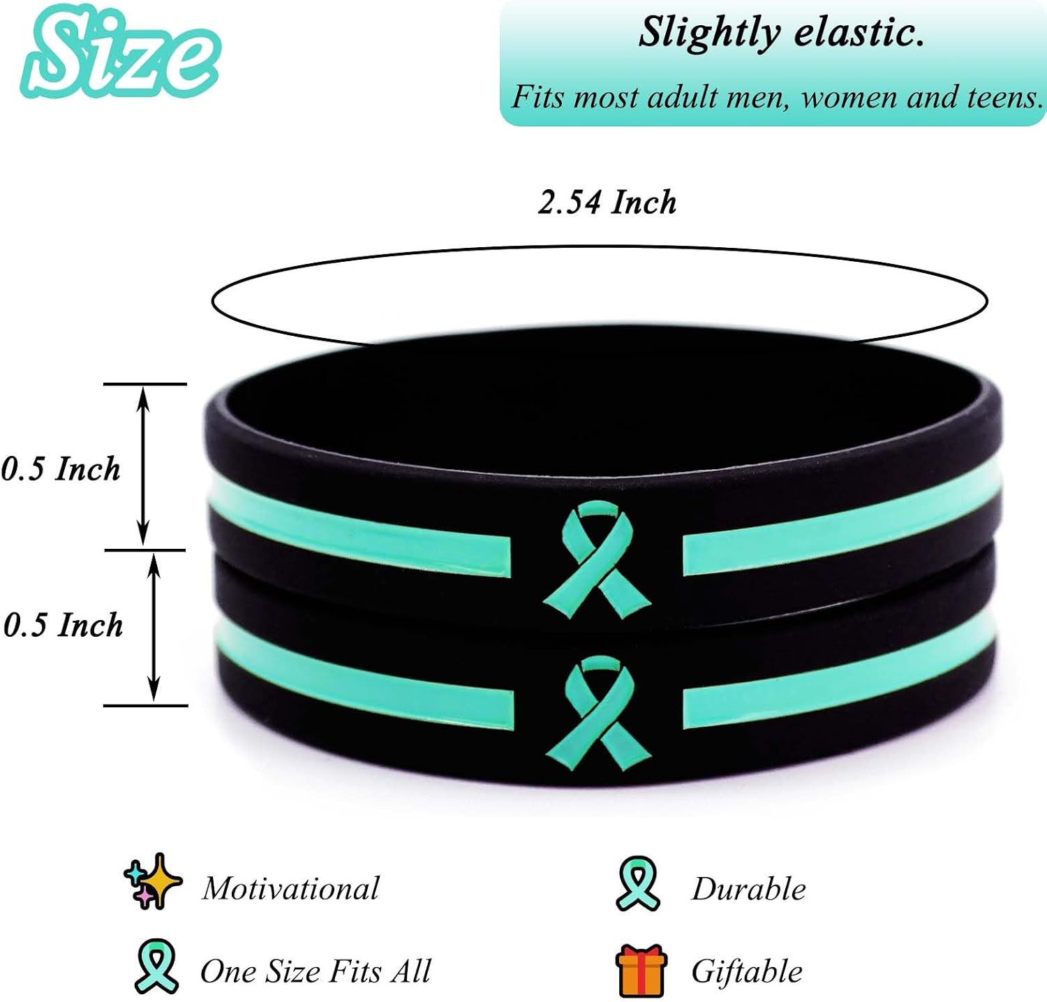 Temogole 60 Pcs Ovarian Cancer Awareness Bracelets Bulk Items Accessories Teal Awareness Ribbon Silicone Wristbands Cervical Cancer Awareness PTSD Products Unisex Wristbands for Men Women Teal