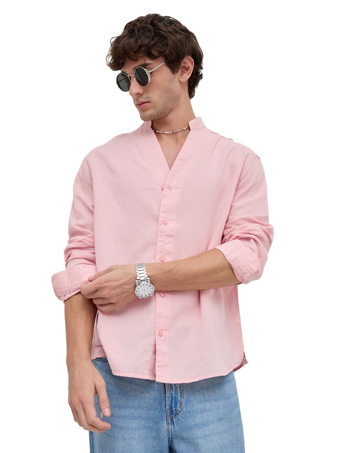 vastrado Mist Pink Linen Blend Stand Collar Oversized Shirt-picture-52