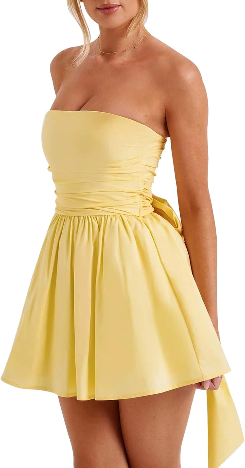 LuFeng Women's Strapless Mini Dress Ruched Sleeveless Off Shoulder A-Line Pleated Short Dress with Oversized Bow - Image 3