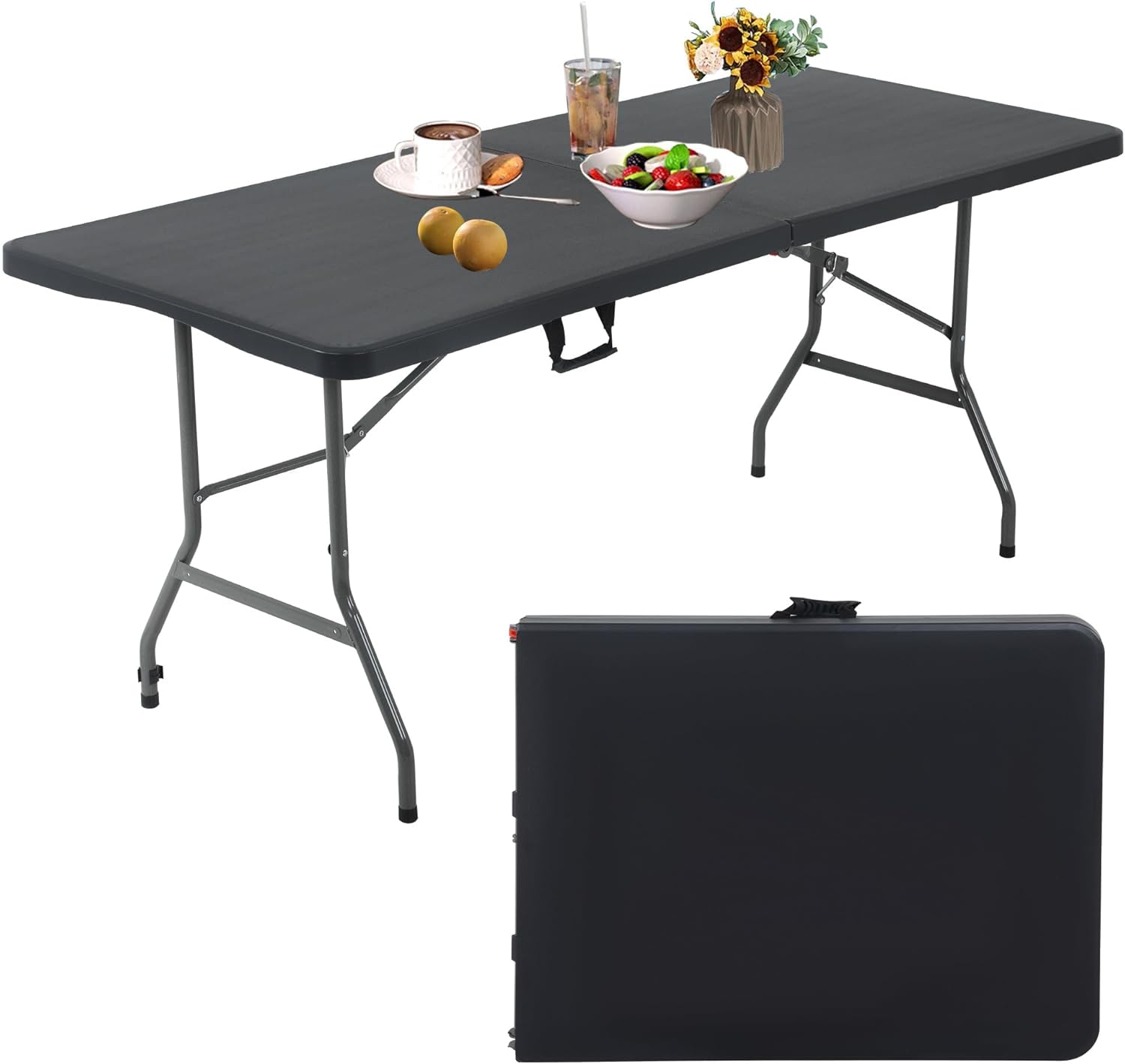 Black Folding Tables 6Ft Outdoor Dining Table, Portable Fold Up Lightweight Foldable Desk, 6 Foot Folding Desk Picnic Table Party Tables Camping Table, Plastic Beach Table Patio Outdoor Furniture Black 6 Ft Table