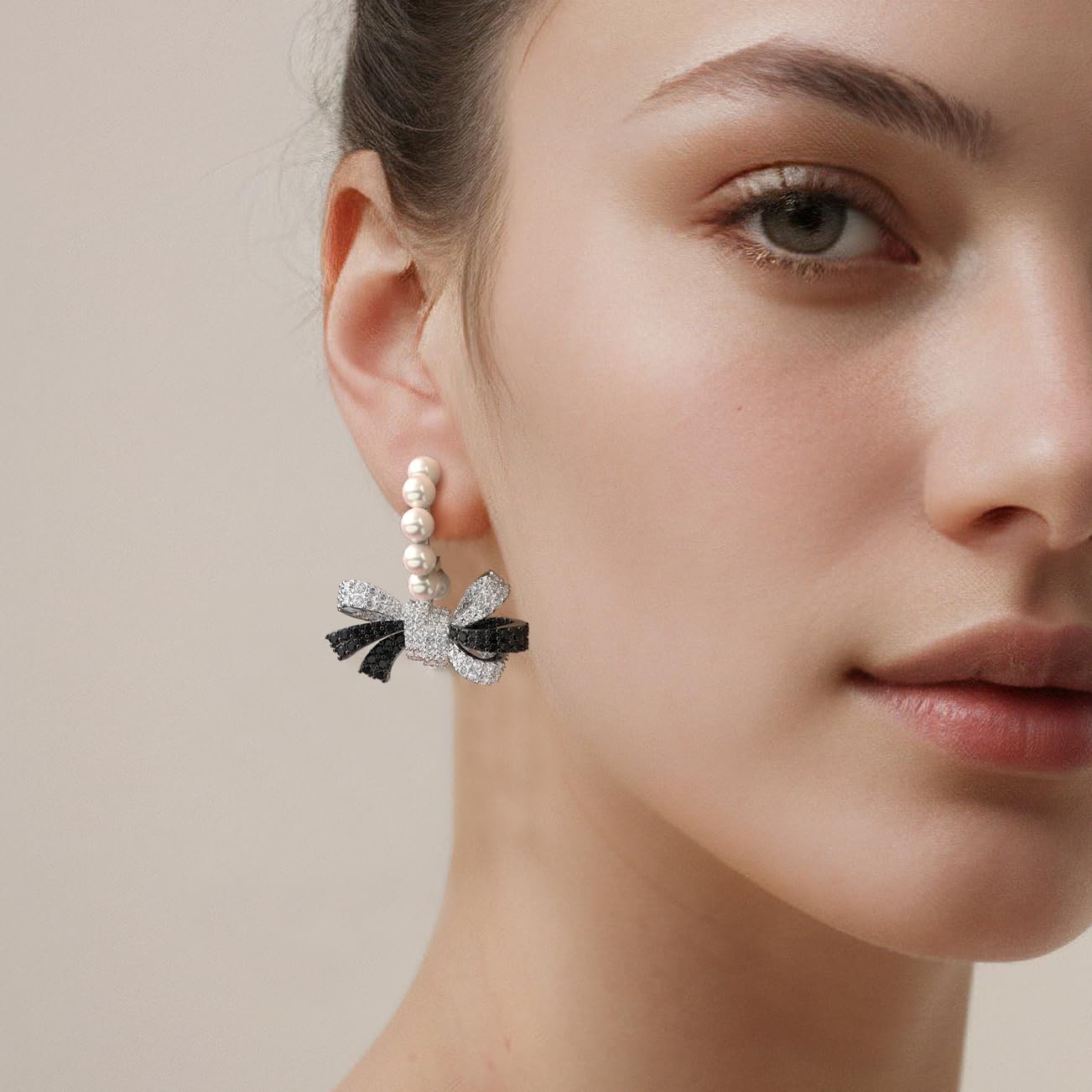 Jewelry Black and White Bow Stud Earrings, Gold-Plated Copper, 5A Cubic Zirconia, 28.5mm Length, 18.5mm Width, Sterling Silver Ear Posts, Hypoallergenic Classic Jewelry Gift