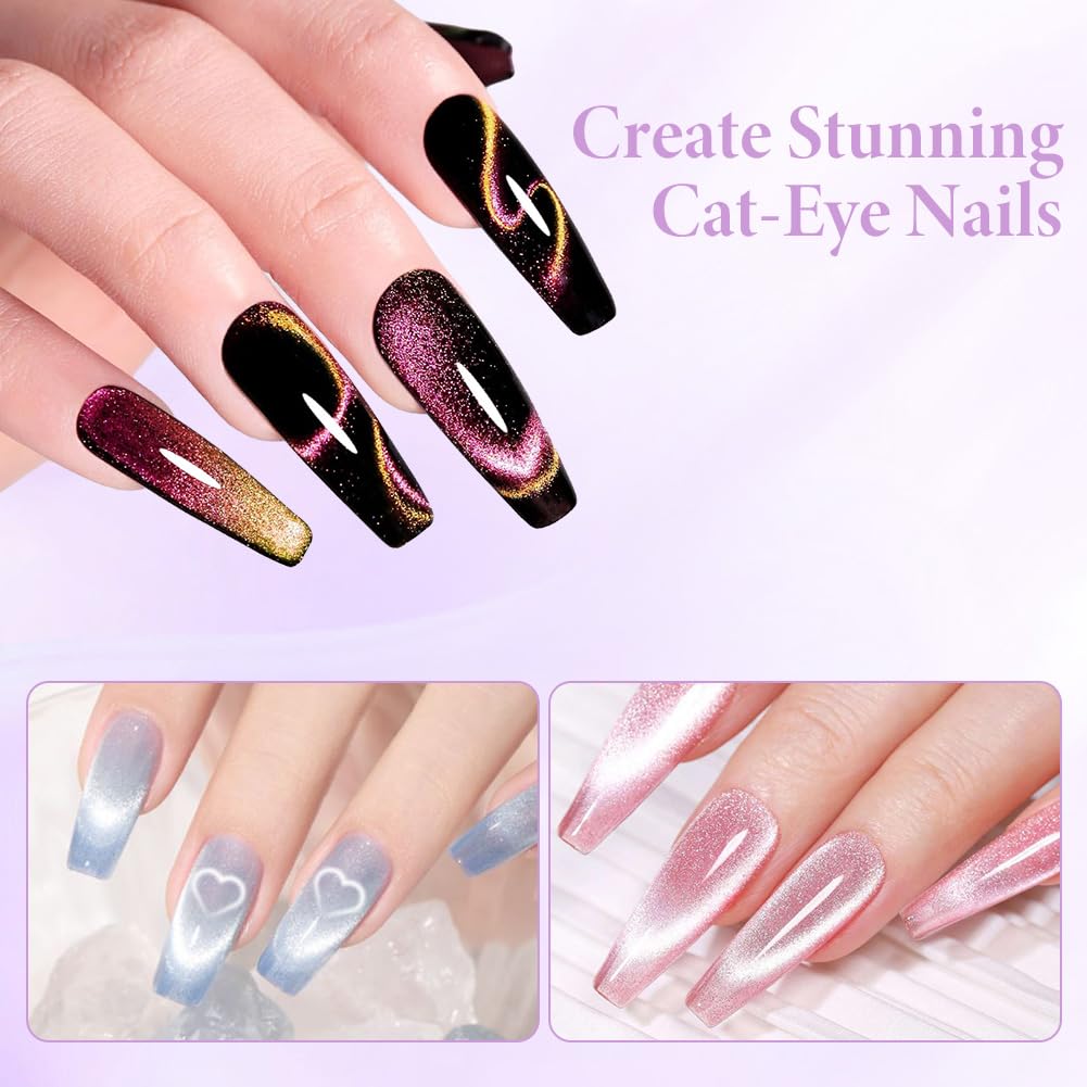 7 Pièces Aimant Cat Eyes Ongles Ensemble, 8 in 1 Aimant Ongle, Cat Eye Magnet, Cat Eye Magnet, Outils de Nail Art DIY, Stylos Magnétiques Cylindriques avec Lapin et Cœur