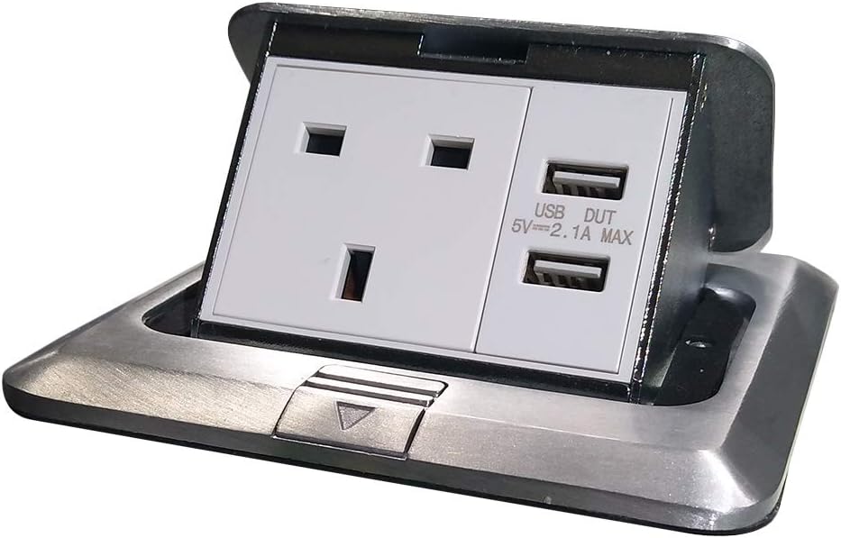 Pop Up Floor Electrical Outlet Kitchen Countertop Waterproof Sockets Pop Out Receptacle Stainless Steel Box Silver Cover with USB Chargers