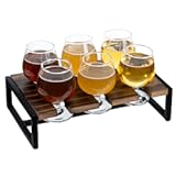 MyGift Urban Industrial Beer Whiskey Flight Board Tasting Set Includes Solid Burnt Wood and Black Metal Server Tray and 6 Small Snifter Sipping Glasses&comma; Margarita&comma; and Wine Tasting Flight Sampler