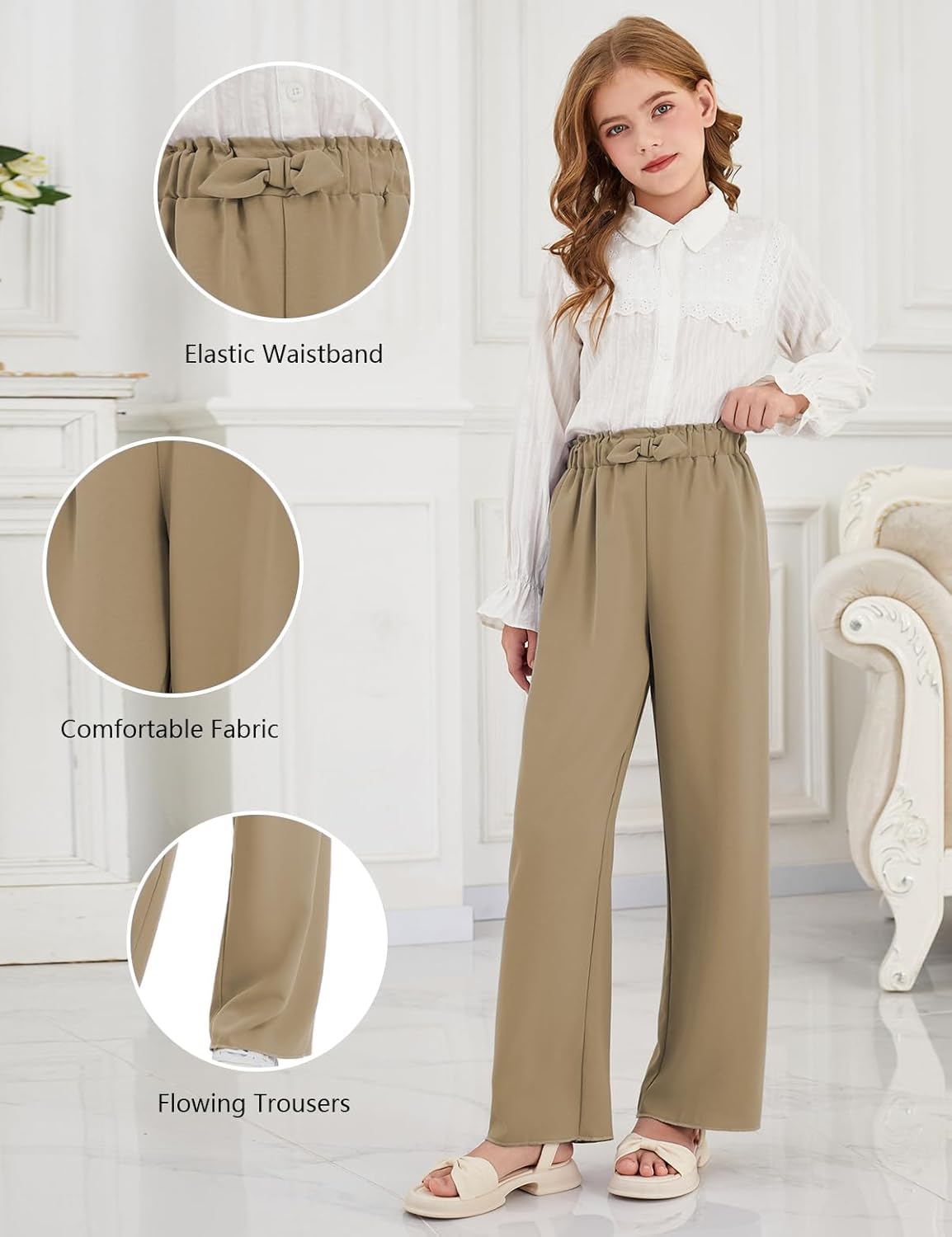 Girls Wide Leg Palazzo Pant Loose Straight Cute Bow Waist Spring Summer Lightweight Dress Pant for Kids 5-14Y - Image 4