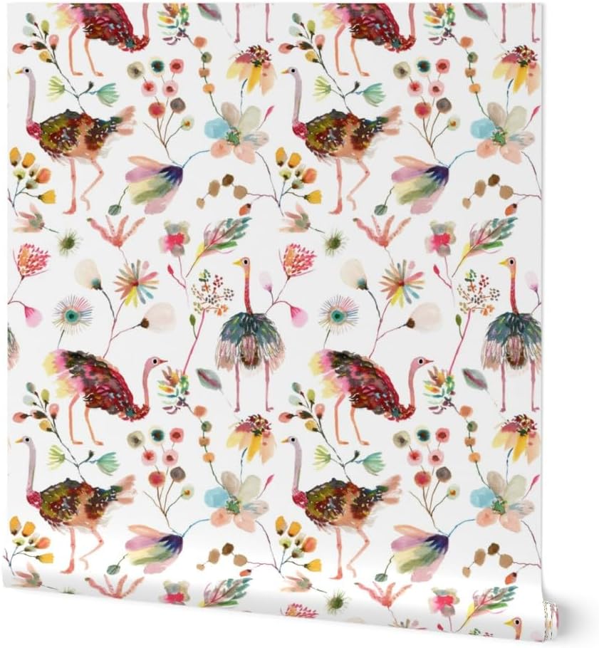 Removable Wallpaper 3ft x 2ft - Watercolor Ostrich Colorful Hand Painted Happy Large Scale Bird Custom Pre-Pasted Wallpaper by Spoonflower