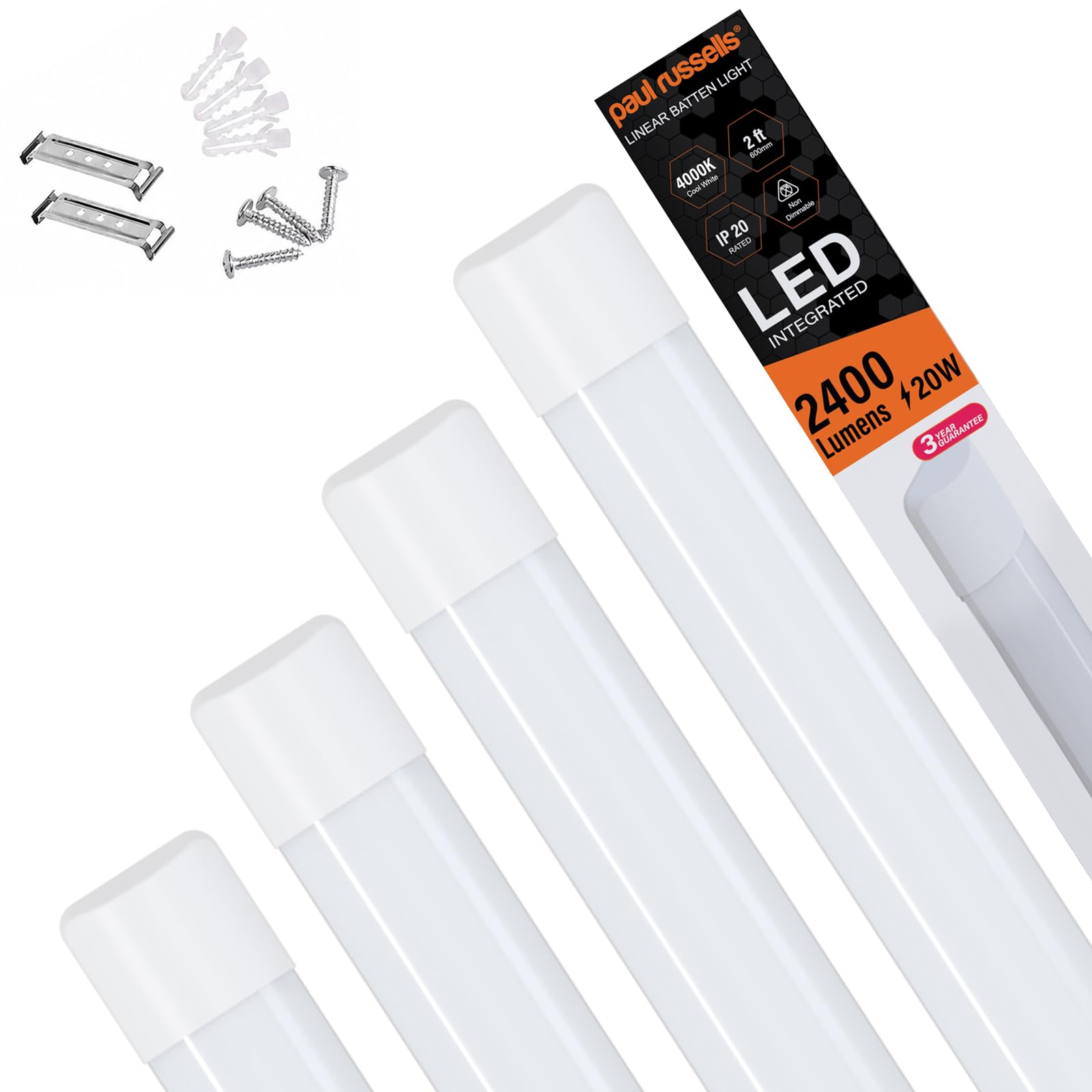paul russells 2ft LED Batten Light, Ceiling Fitting Tube Light, 4000K Cool White, 20W, 2400 Lumens, Light for Office, Bathroom, Kitchen, Garage, Warehouse Fluorescent Lighting Replacement, 4 Packs
