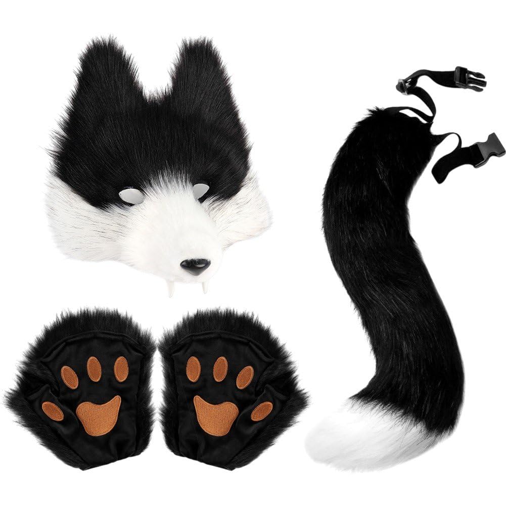 Abbdbd Furry Cosplay Set with Mask Tail Paw Gloves, Animal Cosplay Costume Kit for Anime Accessories Halloween Christmas