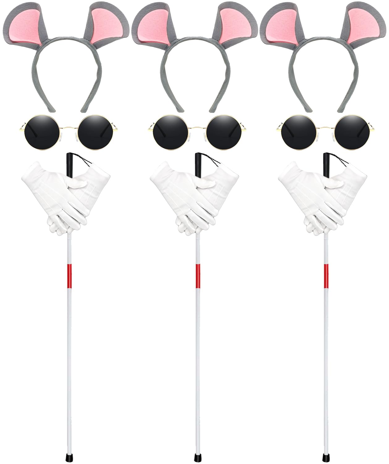Benwanfee 12Pcs Halloween Mouse Costume Accessories Set, Blind Mouse Costume Kit including Headbands Round Sunglasses Folding Blind Cane White Gloves for Halloween Party Favor Accessories