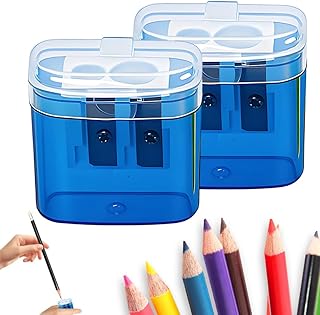 Pencil Sharpeners, Handheld Pencil Pharpener for Kids with Lid, 2 Holes Mini Compact Colored Pencil Sharpener Manual for Classroom, Back to School, Home & Office, Sacapuntas de lapiz (Blue 2PCS)