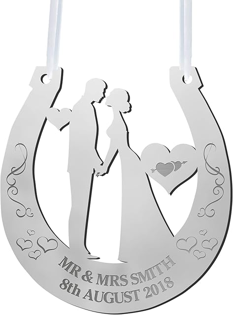 Personalised Mirrored Acrylic Wedding Horseshoe Mr & Mrs Custom Anniversary Bridal Gift New Couple Gift Engraved Name and Date Acrylic Plaque Hand Finished Engagement Gift
