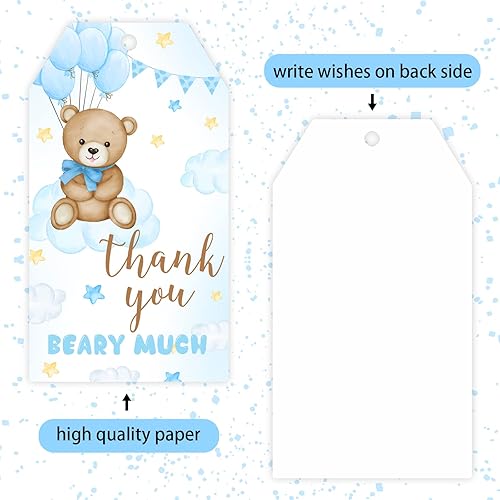 Miniatura 5 de Etiquetas de agradecimiento de oso, 50 etiquetas de regalo azules con cuerda para baby shower, etiquetas de regalo de agradecimiento para celebrar