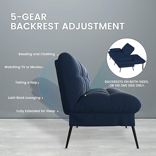 Vista 5 de COMHOMA Convertible Sofa Bed,72″Fabric Couch with Adjustable Backrest,Loveseat Recliner Sleeper Living Room Furniture futon Set (Blue)