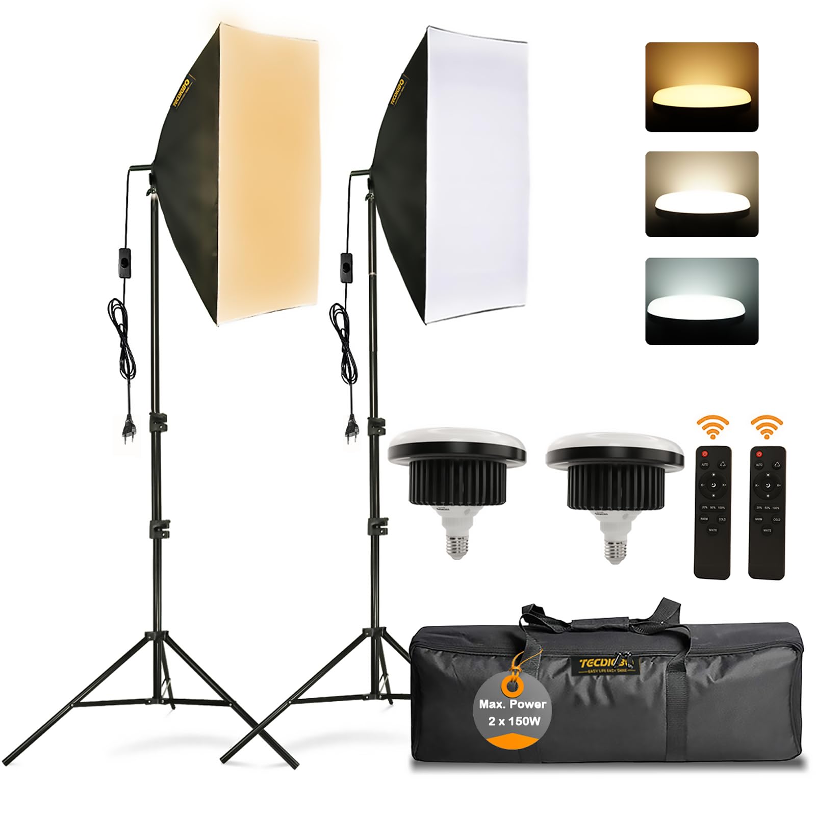LED Softbox Set, Fotostudio Stufenloses Dimmen 2X 150W E27 Leuchtmittel, 50x70cm Softbox Fotostuido Set, 3000-6500K Softboxen Dauerlicht Kit für YouTube, Tiktok Videoaufnahme, Studio Portraits
